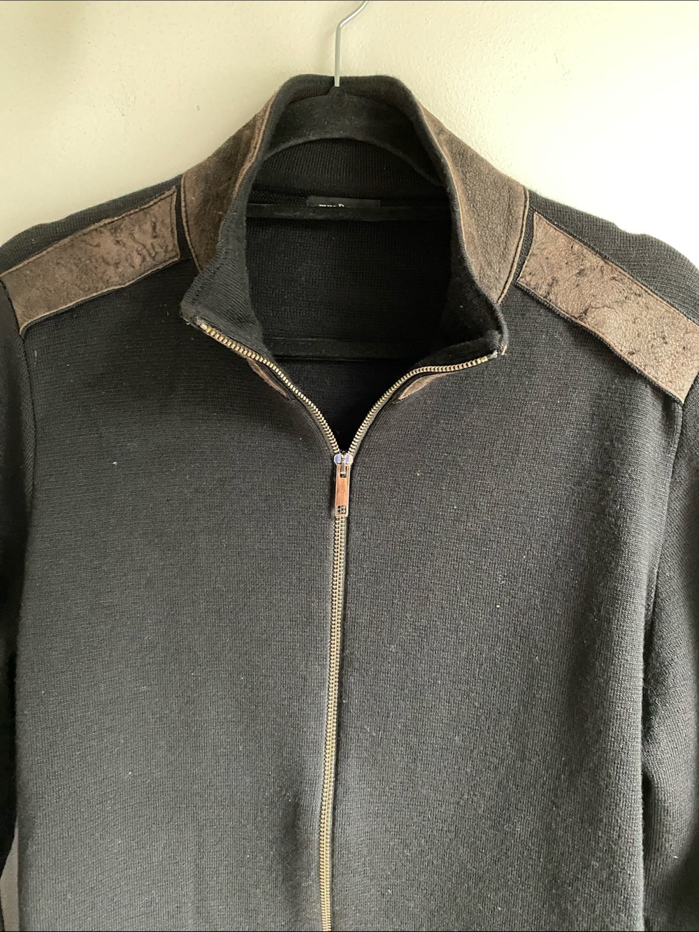 Phil Petter Austria Black Wool Sweater Cardigan Leather Trim S/M